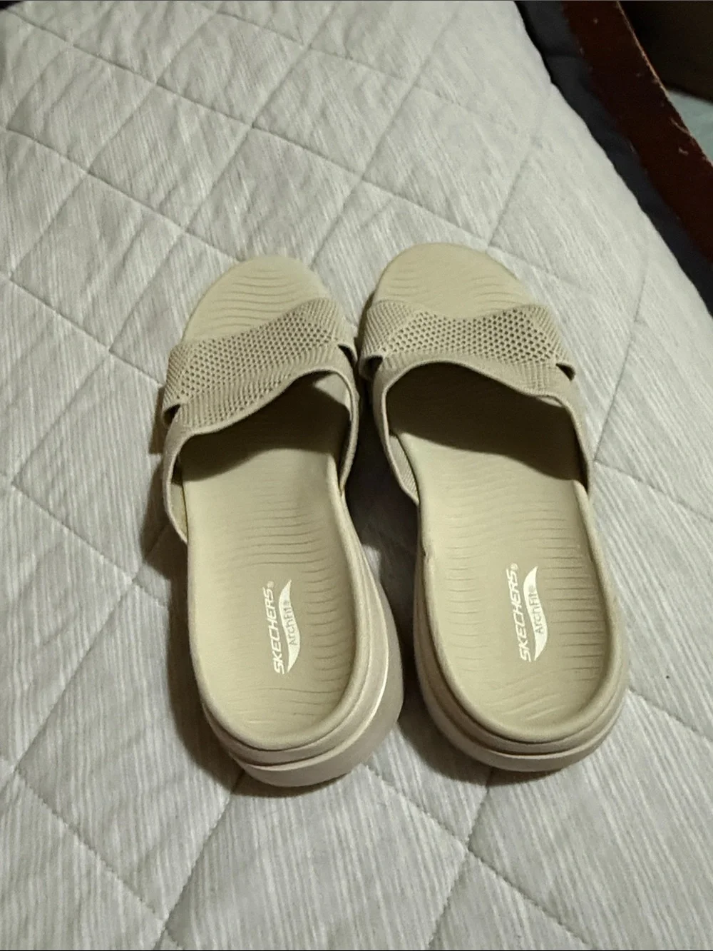 Skechers Women's Light Beige Mesh Slide Sandals - Picture 4 of 5